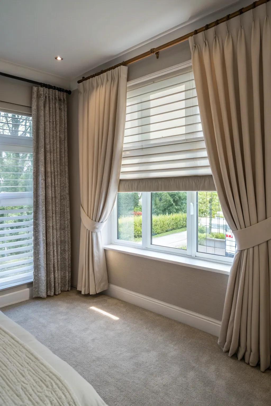 Pairing shades with short curtains offers both design and function.