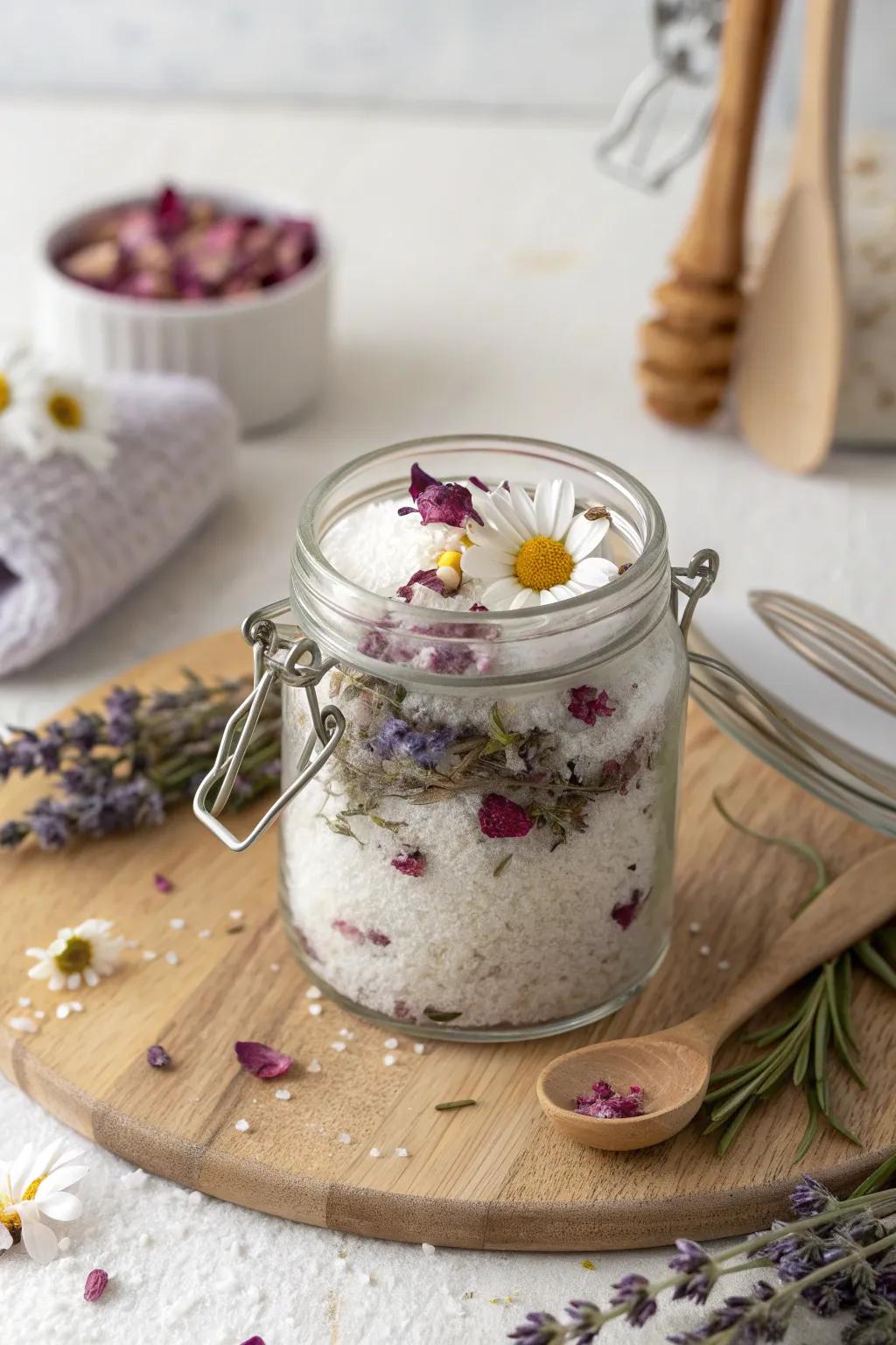 Meticulously crafted, these botanical bath mixtures deliver tranquility encapsulated in a jar.