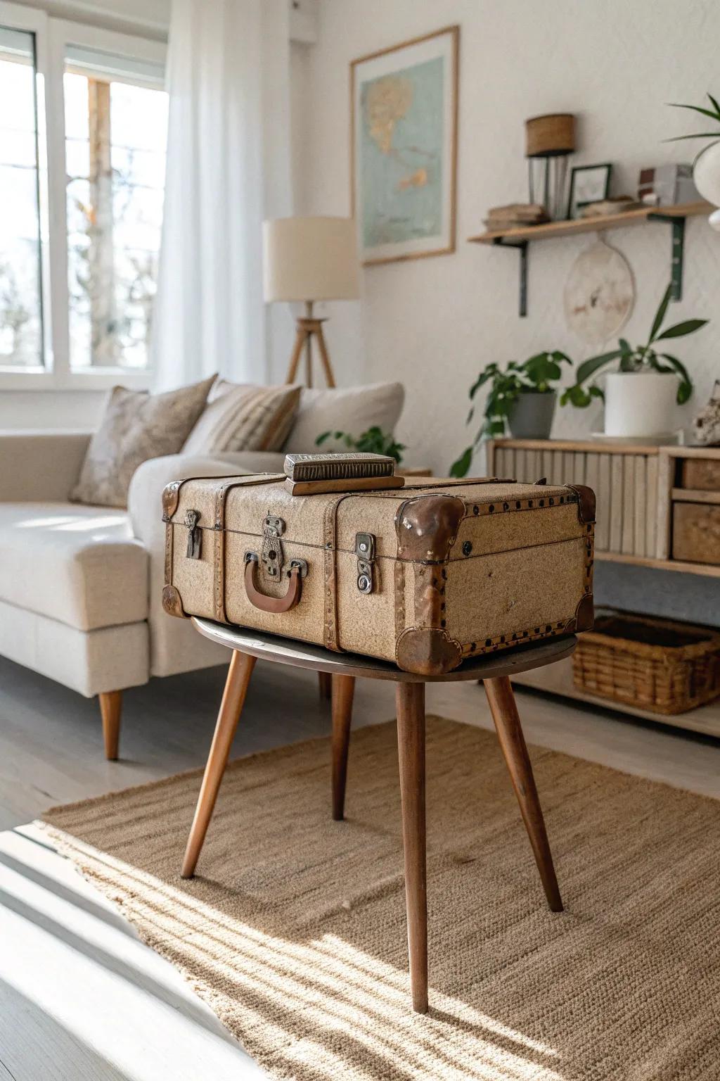 Transform vintage charm into chic practicality with this upcycled suitcase side table, ideal for adding character to your minimalist decor.