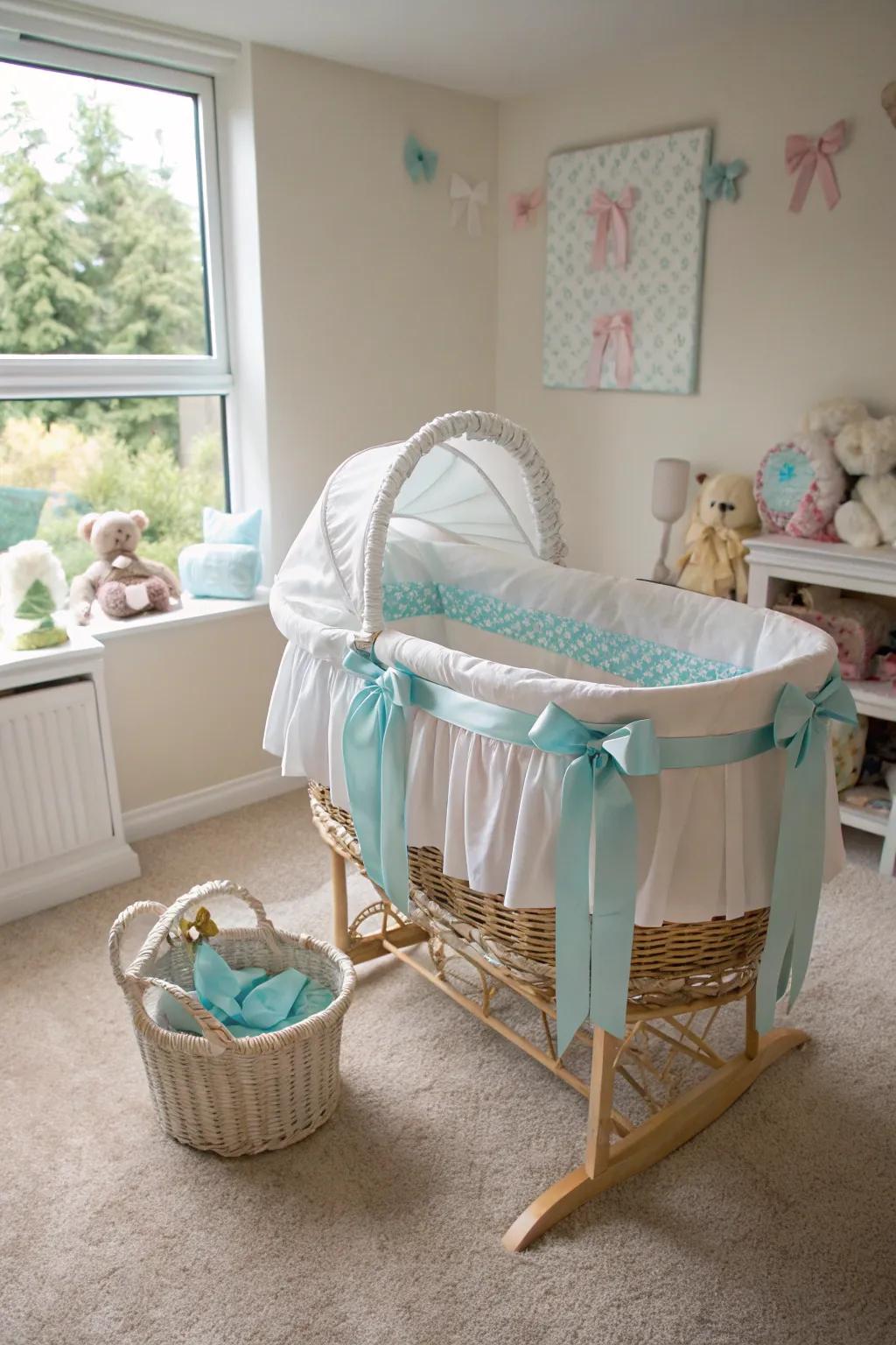 Appealing strips and knots embellishing a bassinet.