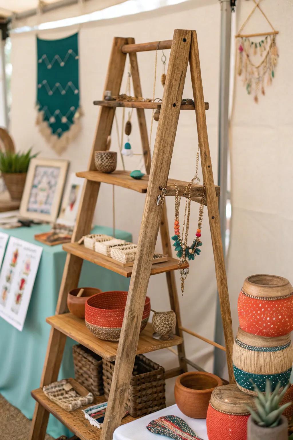 Improve your craft show presence using a stylish and practical ladder display that shows off <strong><em>minimalist beauty and bold creativity</em></strong>.” loading=”lazy” class=”pimg”>
	</picture><figcaption>Improve your craft show presence using a stylish and practical ladder display that shows off <strong><em>minimalist beauty and bold creativity</em></strong>.</figcaption></figure>
<p>Take full advantage of vertical space by using compact shelves or containers. Once, I used a ladder to show off some hanging artwork, and it was a real hit!</p>
<h3>Consider these options:</h3>
<ul class=