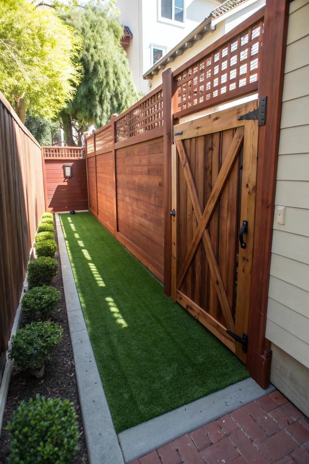 Convert your side yard into a remarkable dog area with custom-made gates—where design meets purpose.