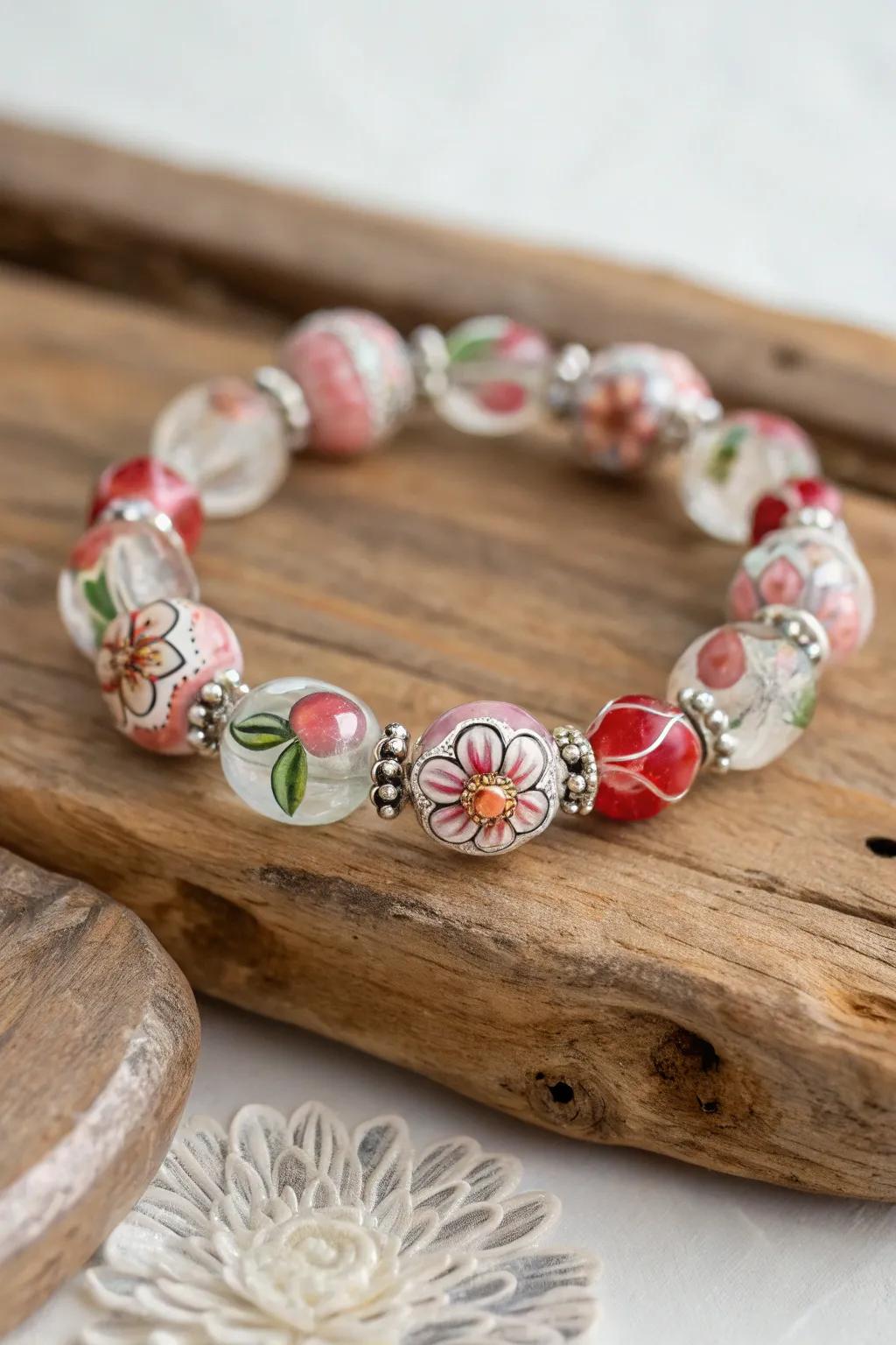 Embrace the allure of nature with this spectacular floral glass bead bracelet, an immaculate combination of whimsy and sophistication.