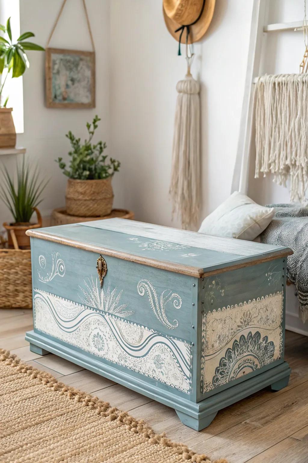 Experience the allure of layered pigment: Transform your space with this oceanic-inspired cedar chest.