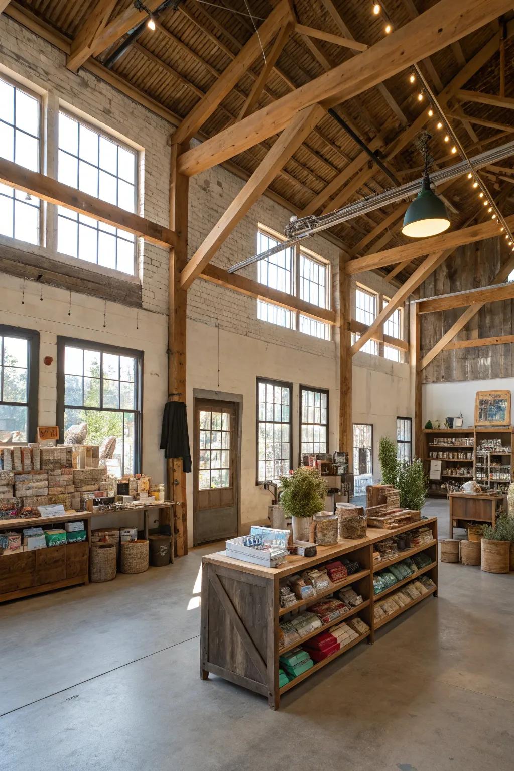 An expansive and unrestricted rustic boutique interior that encourages exploration.