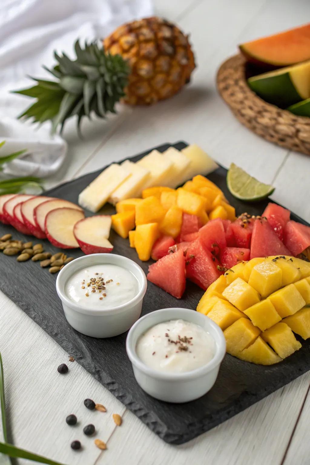 Creamy yogurt dips add a velvety touch to this tropical assortment.