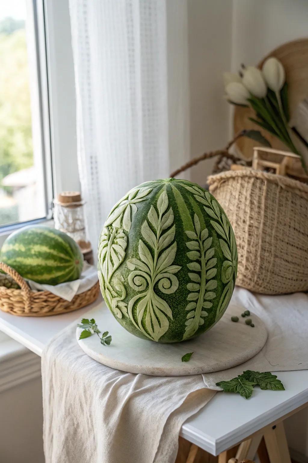 Nature-inspired elegance: Discover the art of tropical delight sculpting with elaborate leafy vines.