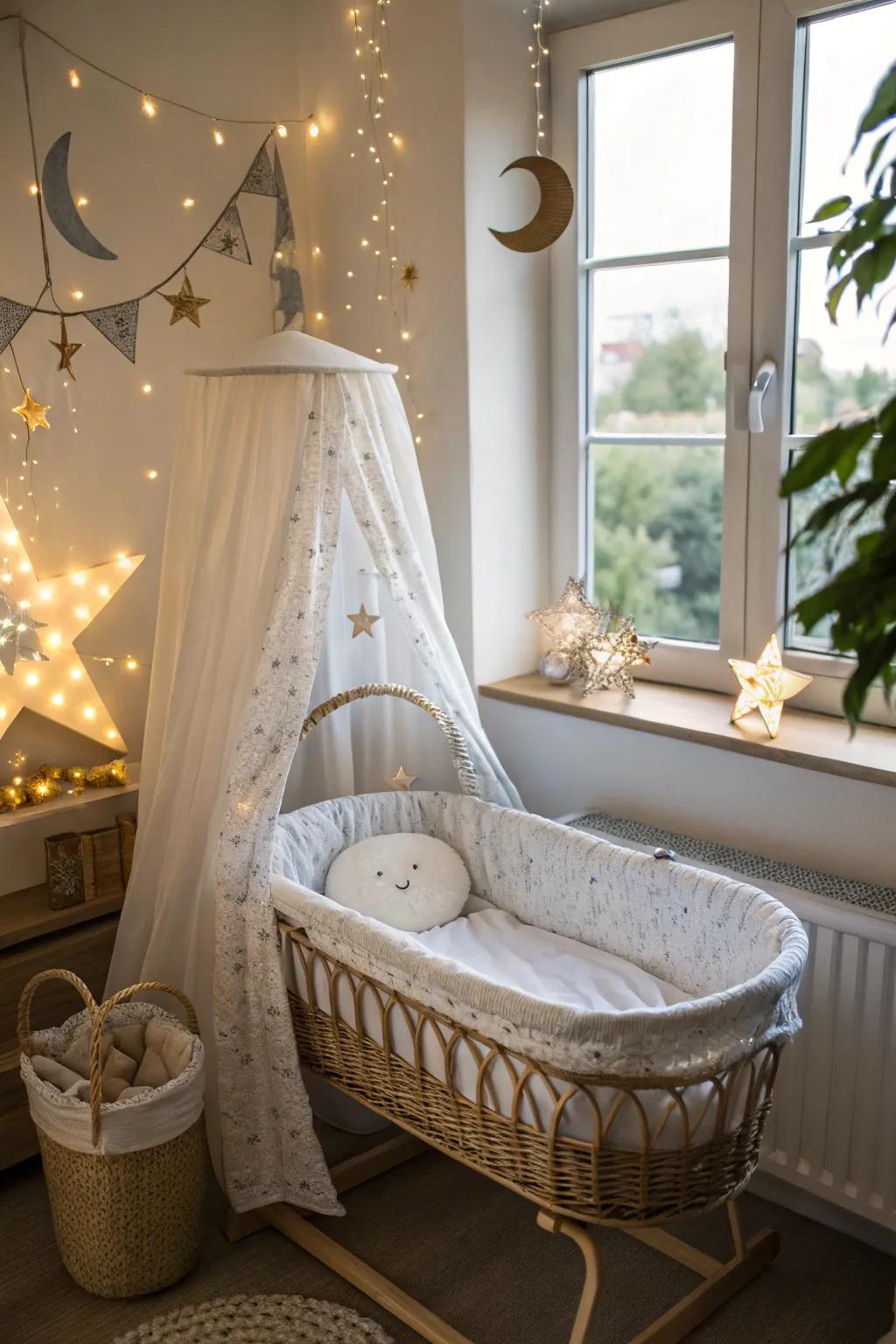 Cosmic-themed decor for a dreamy bassinet arrangement.