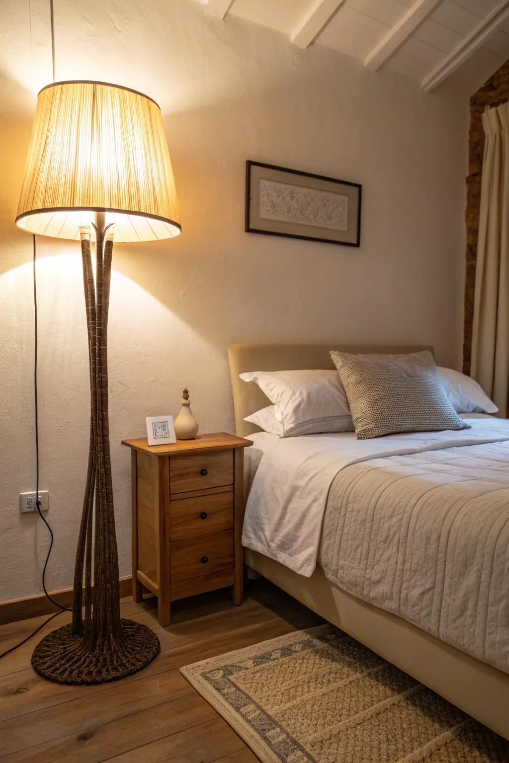 Get a neat and modern bedroom feel by using a floor lamp as your bedside light.