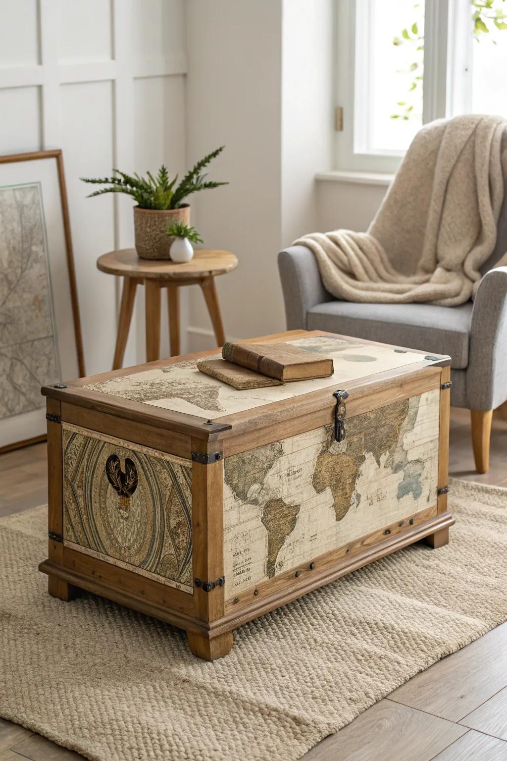 Transform your space with a fusion of history and artistry—vintage cartography revitalizes this age-old cedar chest.