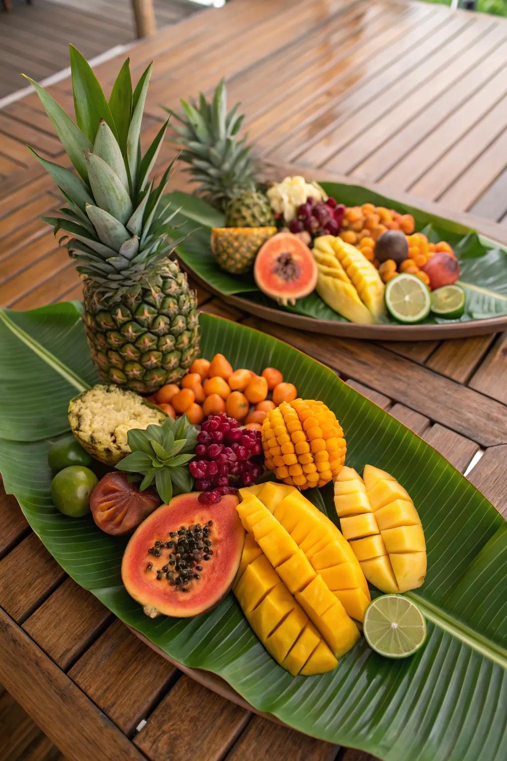 Tropical leaves add a natural, authentic touch to this tropical presentation.
