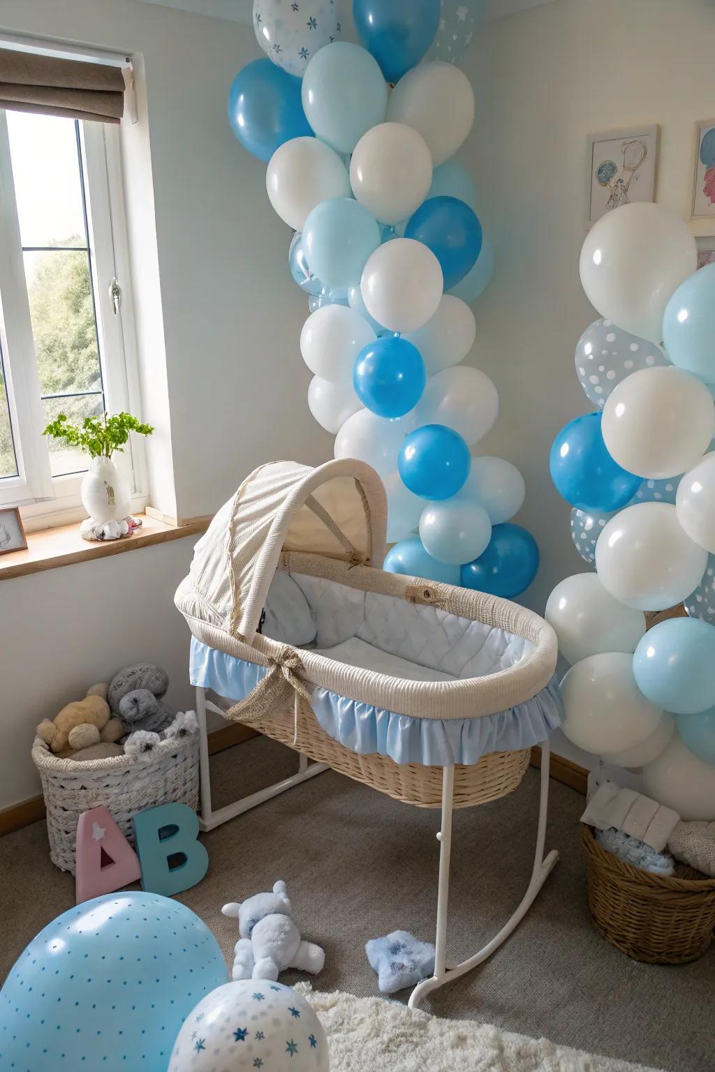 Celebratory aerostat arrangements encompassing the bassinet.