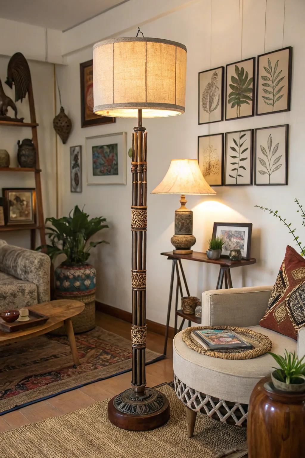 Add depth and interest using a floor lamp that mixes different materials.
