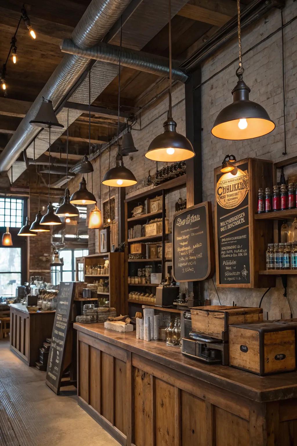 Factory components merge seamlessly with rustic ornamentation in this boutique.