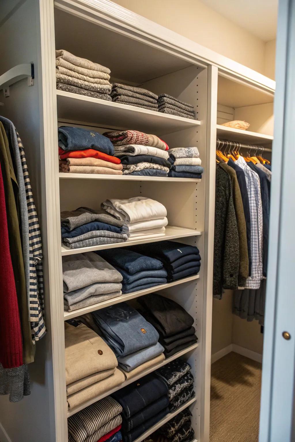Carefully folded garments create a spacious and organized closet.