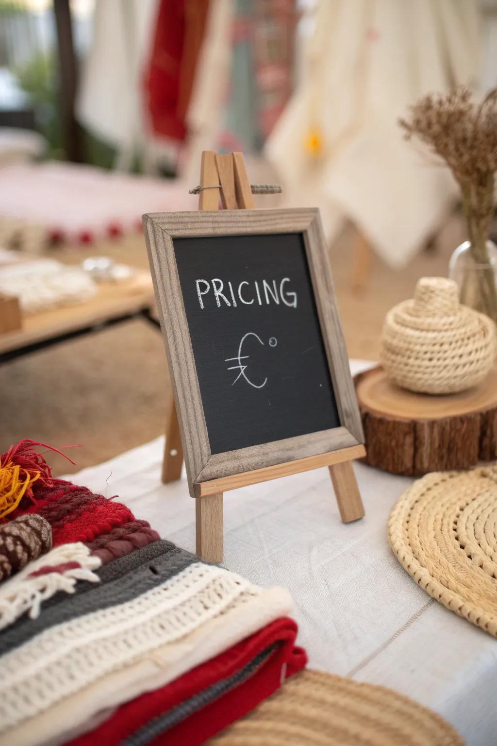 Improve your craft show presentation with <strong><em>attractive chalkboard pricing labels</em></strong> that combine rustic charm with minimalist design.” loading=”lazy” class=”pimg”>
	</picture><figcaption>Improve your craft show presentation with <strong><em>attractive chalkboard pricing labels</em></strong> that combine rustic charm with minimalist design.</figcaption></figure>
<p>Help your customers by using clear, easy-to-read pricing tags. I usually use small chalkboards for a rustic and charming touch.</p>
<h3>You might give these a try:</h3>
<ul class=