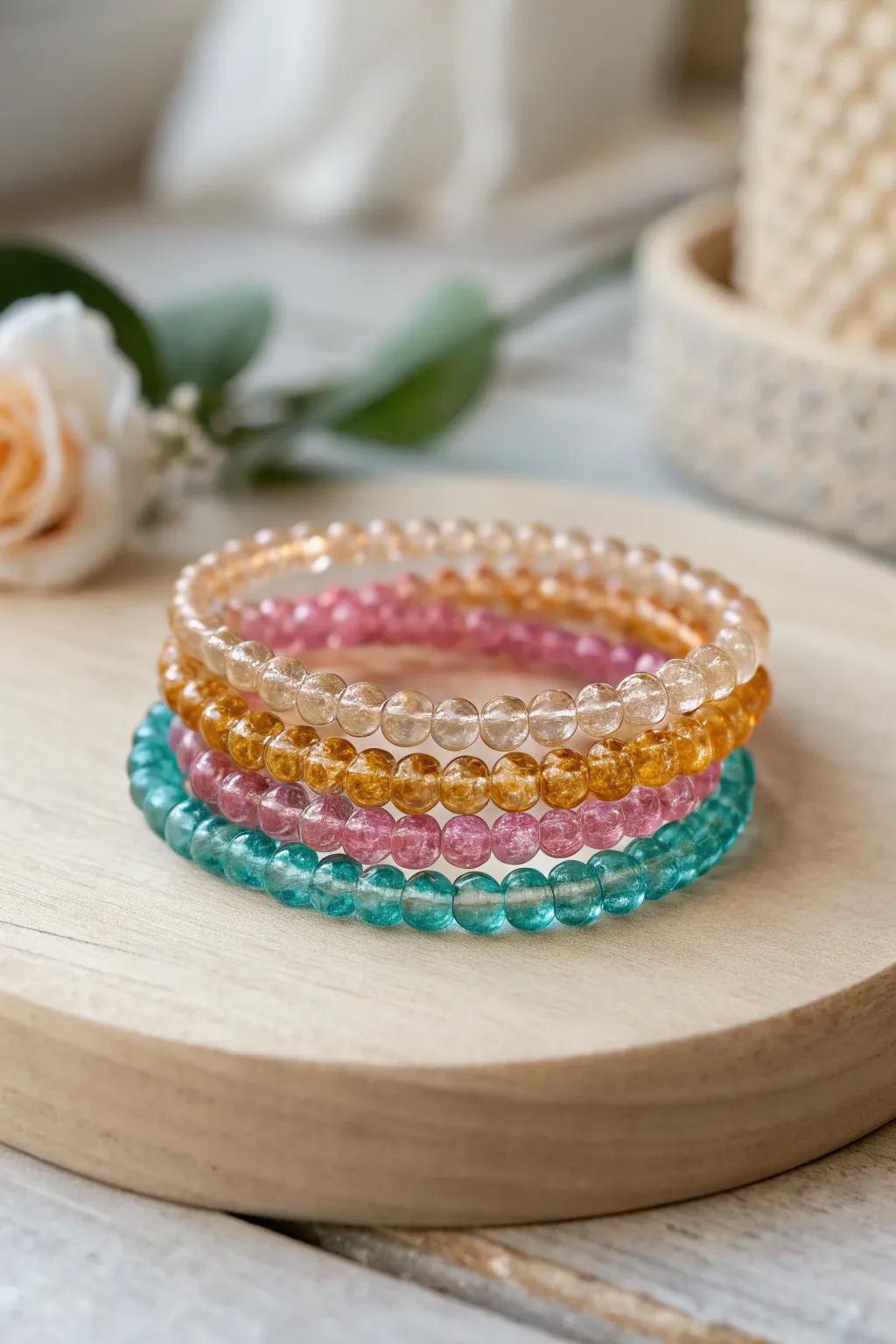 Immerse yourself in the artistry of stackable simplicity using these energetic glass bead bracelets.
