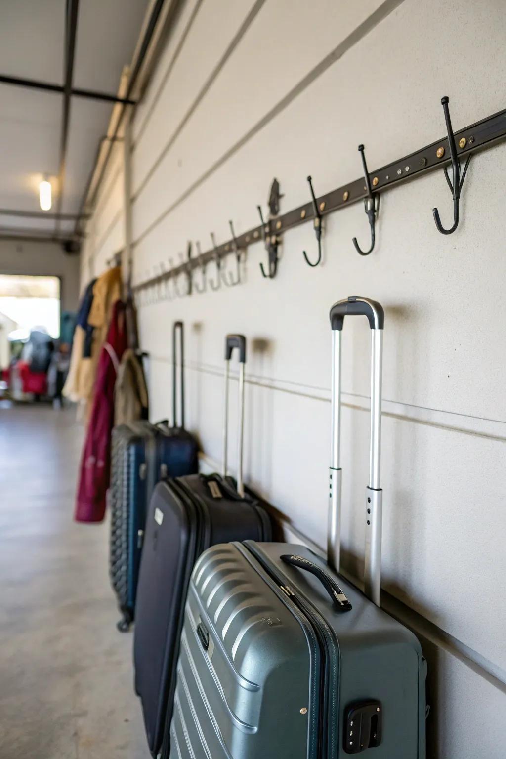 Employ hooks to suspend suitcases and conserve floor space.