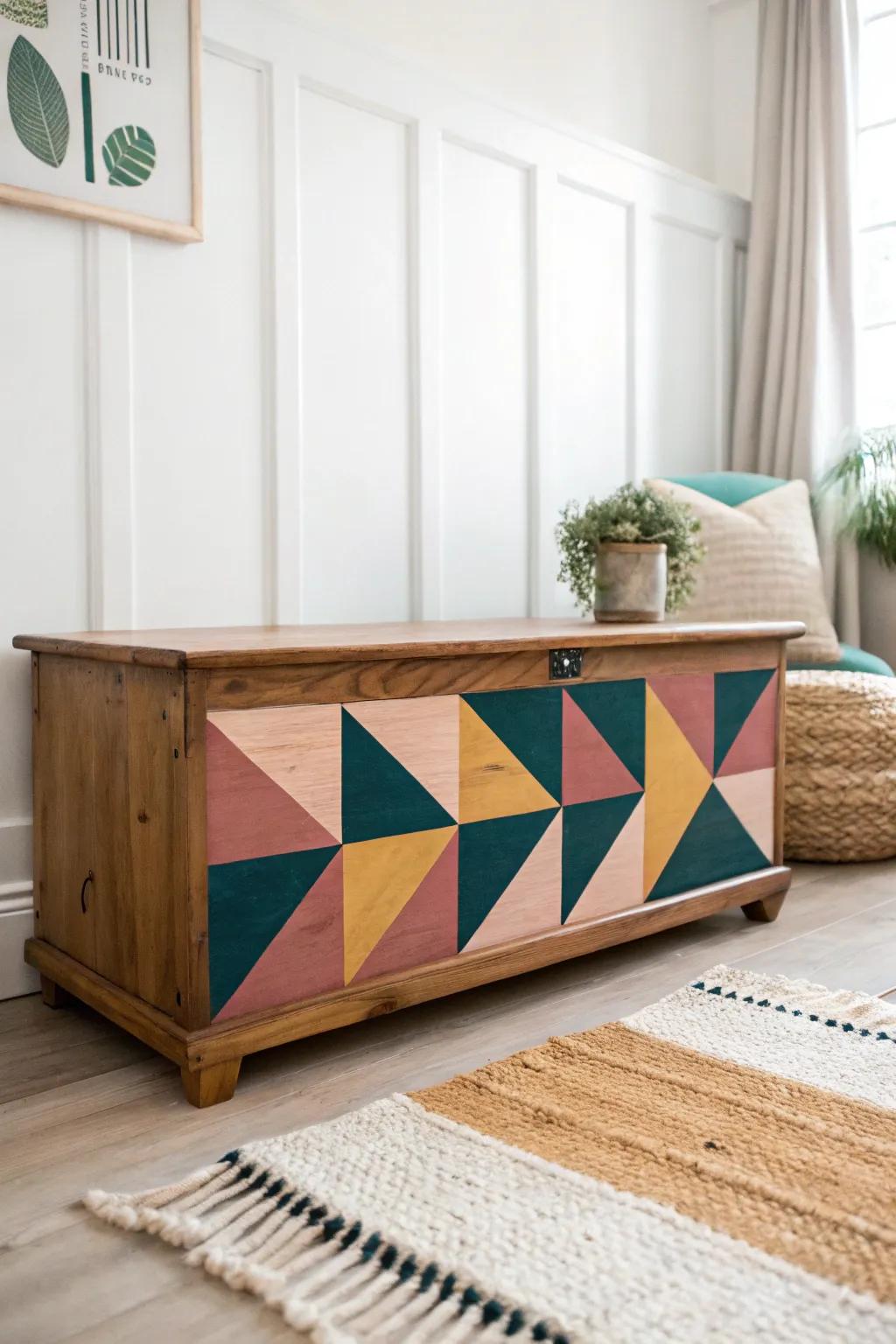 Redesign your space with a modern touch: discover the charm of geometric forms on a handcrafted cedar chest.