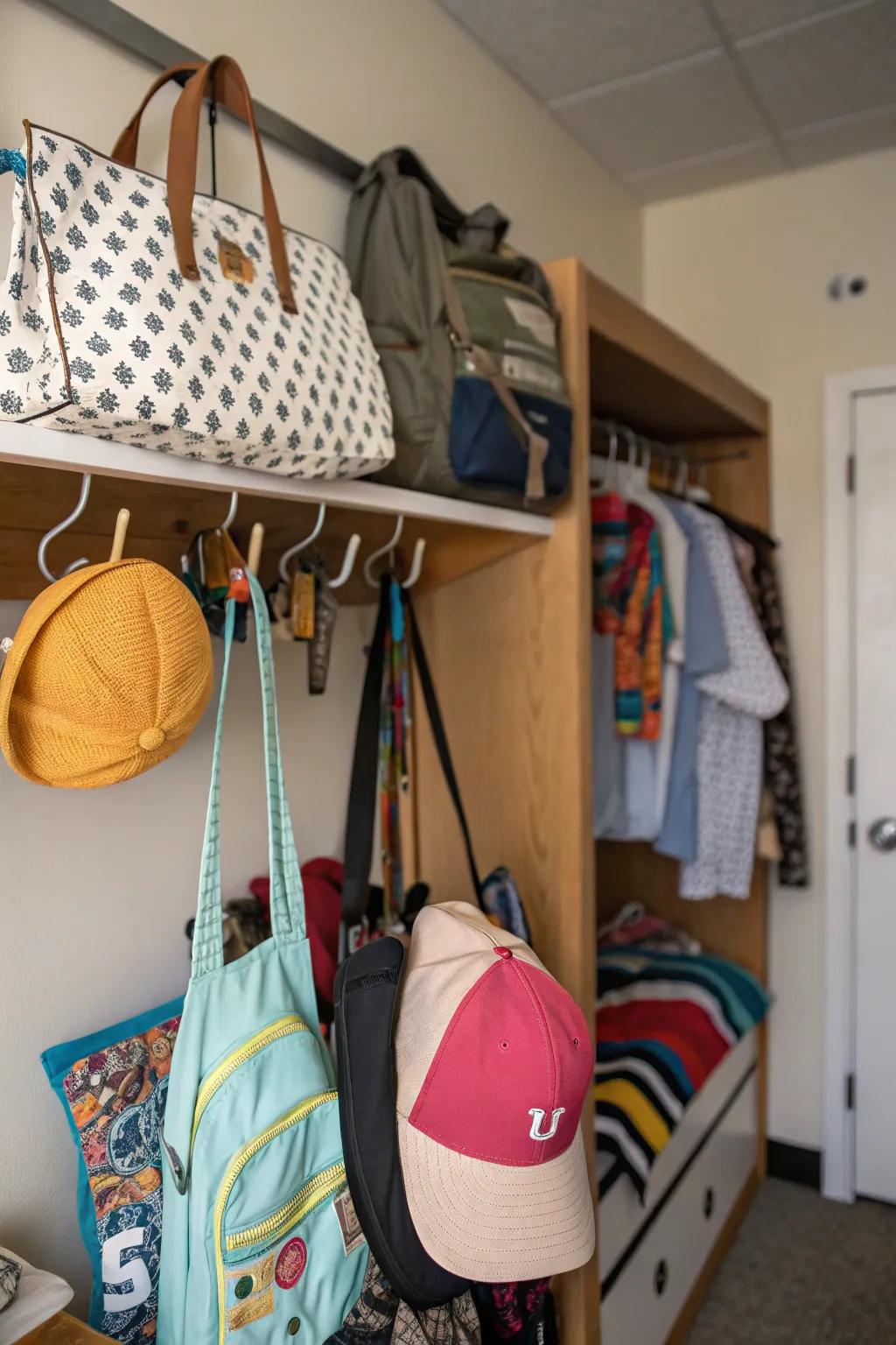Hooks keep accessories like bags and hats organized.