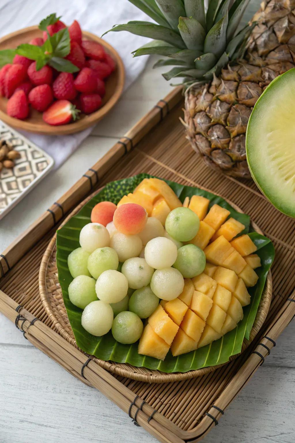 Round fruit pieces bring a playful and rounded look to this tropical spread.