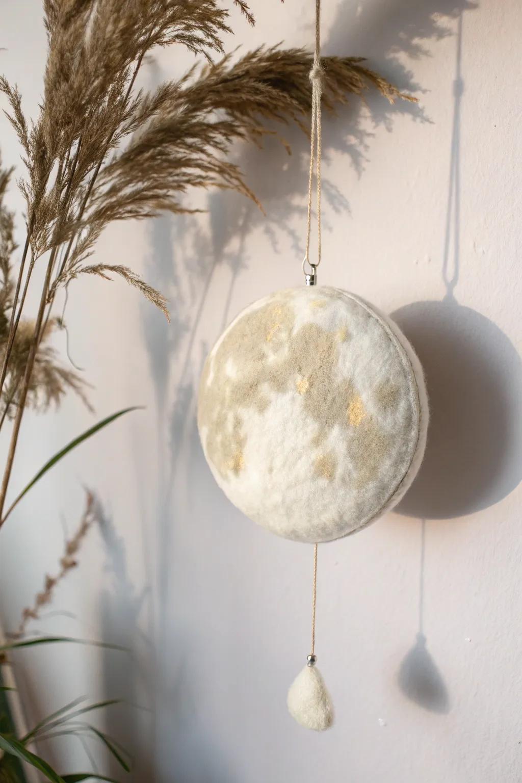 Embrace celestial tranquility with a handmade felted moon, ideal for a dreamy, minimalist space.