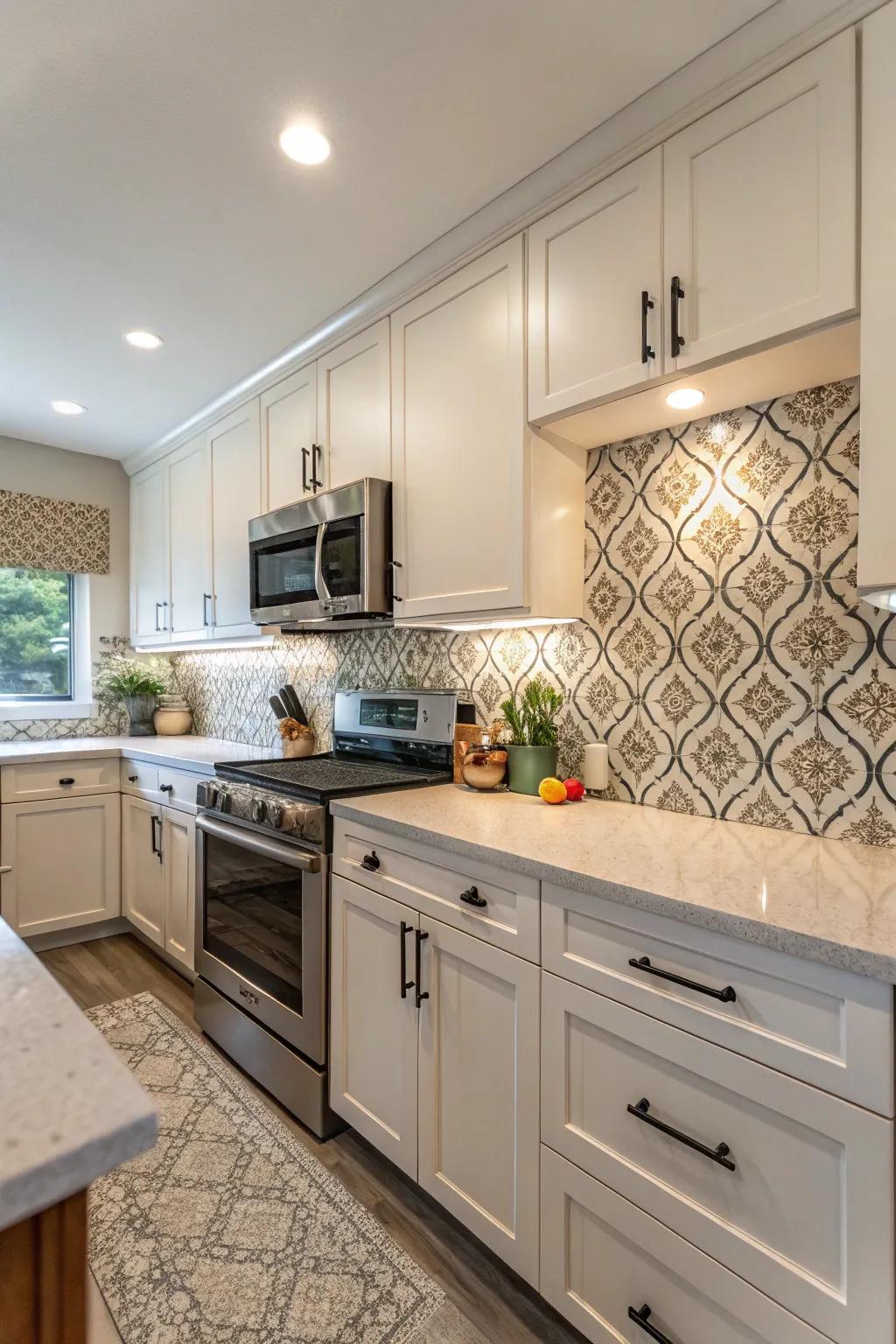 Patterned quartz contributes vibrant design and fascination to kitchen walls.