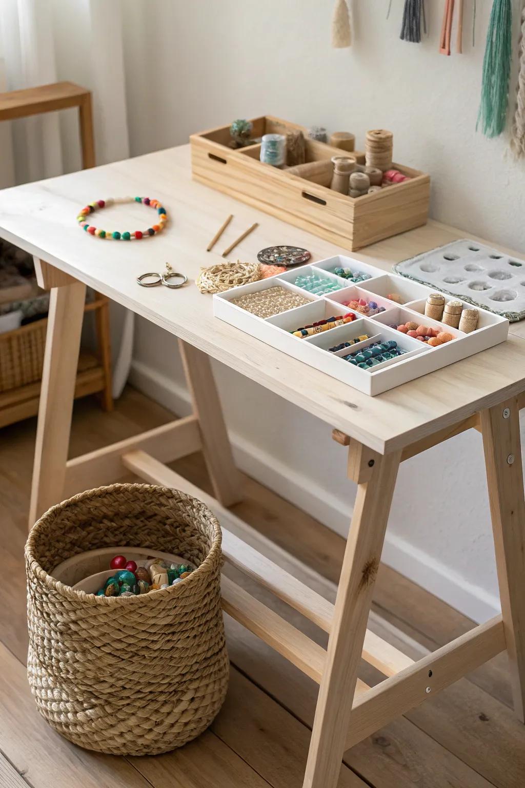 Create your own beauty: A minimalist crafting station that <strong><em>encourages creativity and simplicity</em></strong>.” loading=”lazy” class=”pimg”>
	</picture><figcaption>Create your own beauty: A minimalist crafting station that <strong><em>encourages creativity and simplicity</em></strong>.</figcaption></figure>
<p>Add hands-on elements like a small crafting area. I once created a ‘make your own bracelet’ area, which was a total crowd-pleaser.</p>
<h3>Possibly handy products:</h3>
<ul class=