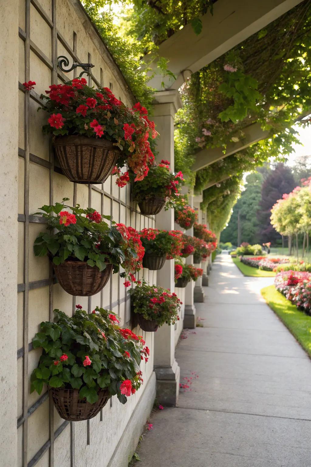 A standing garden of begonias transforms a plain wall into a vibrant element.