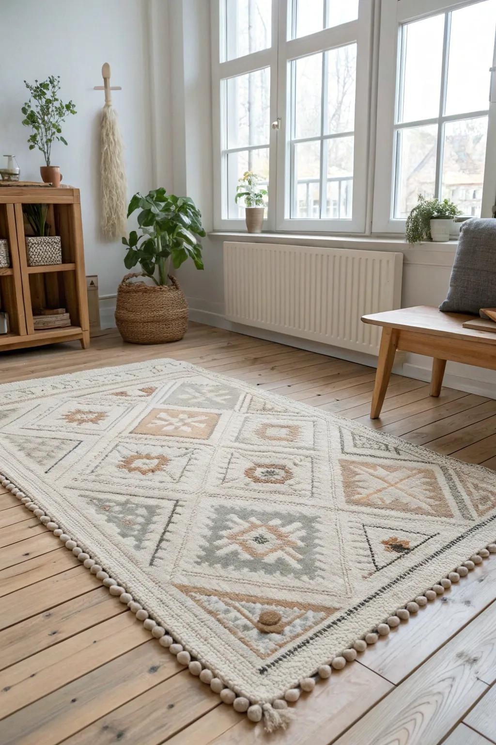 Experience the warmth and sophistication of a handmade felted rug, ideal for creating a snug minimalist environment.