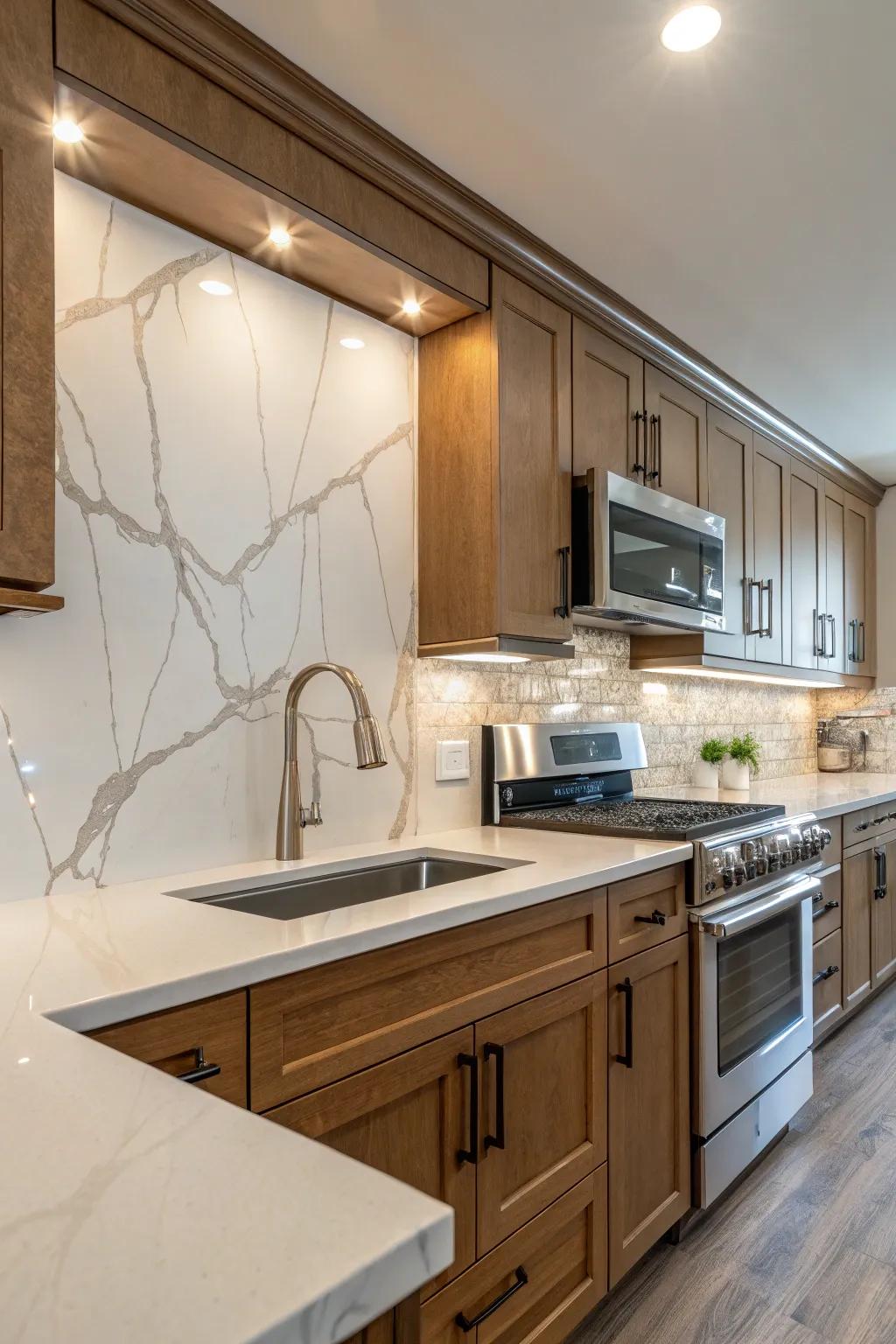 Delicate graining in the quartz contributes a dimension of elegance to the kitchen.