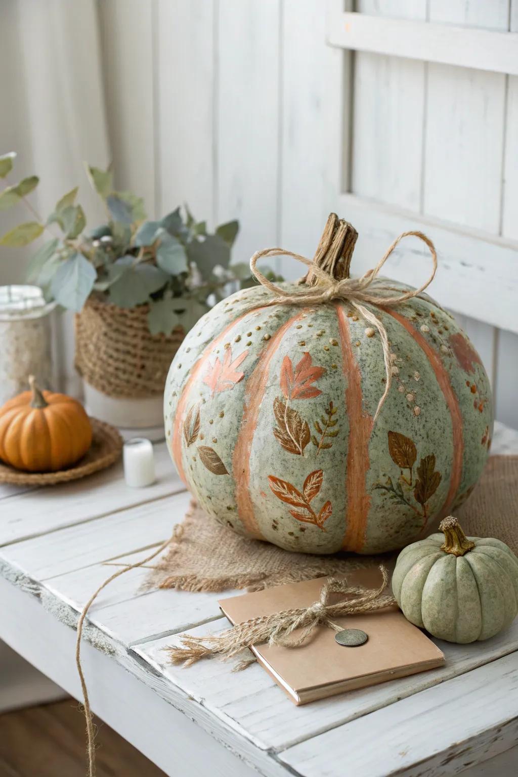 Enjoy country charm with a beautifully painted gourd, perfect for a warm farmhouse feel.