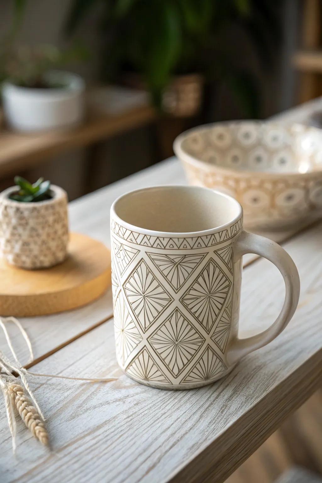 Drink in elegance with this stunning geometric patterned mug, where modern design meets artisanal beauty.