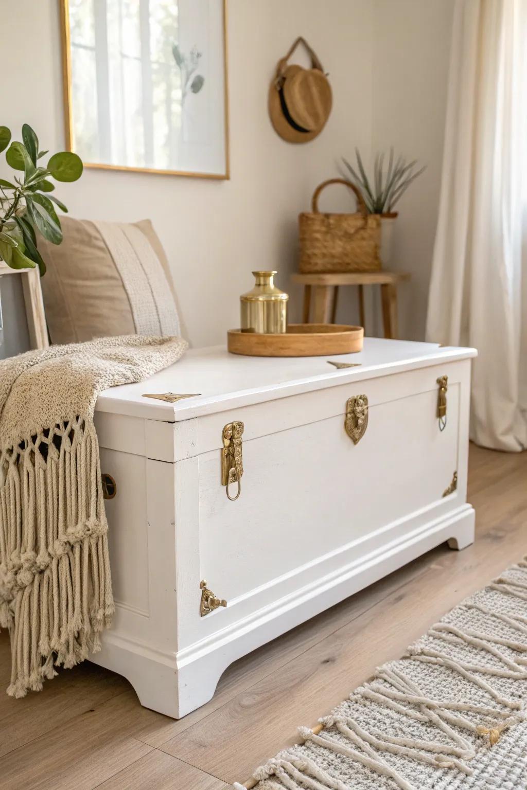 Elevate your space with a hint of metallic refinement on a traditional cedar chest. #ScandiBohoChic #MetallicAccents