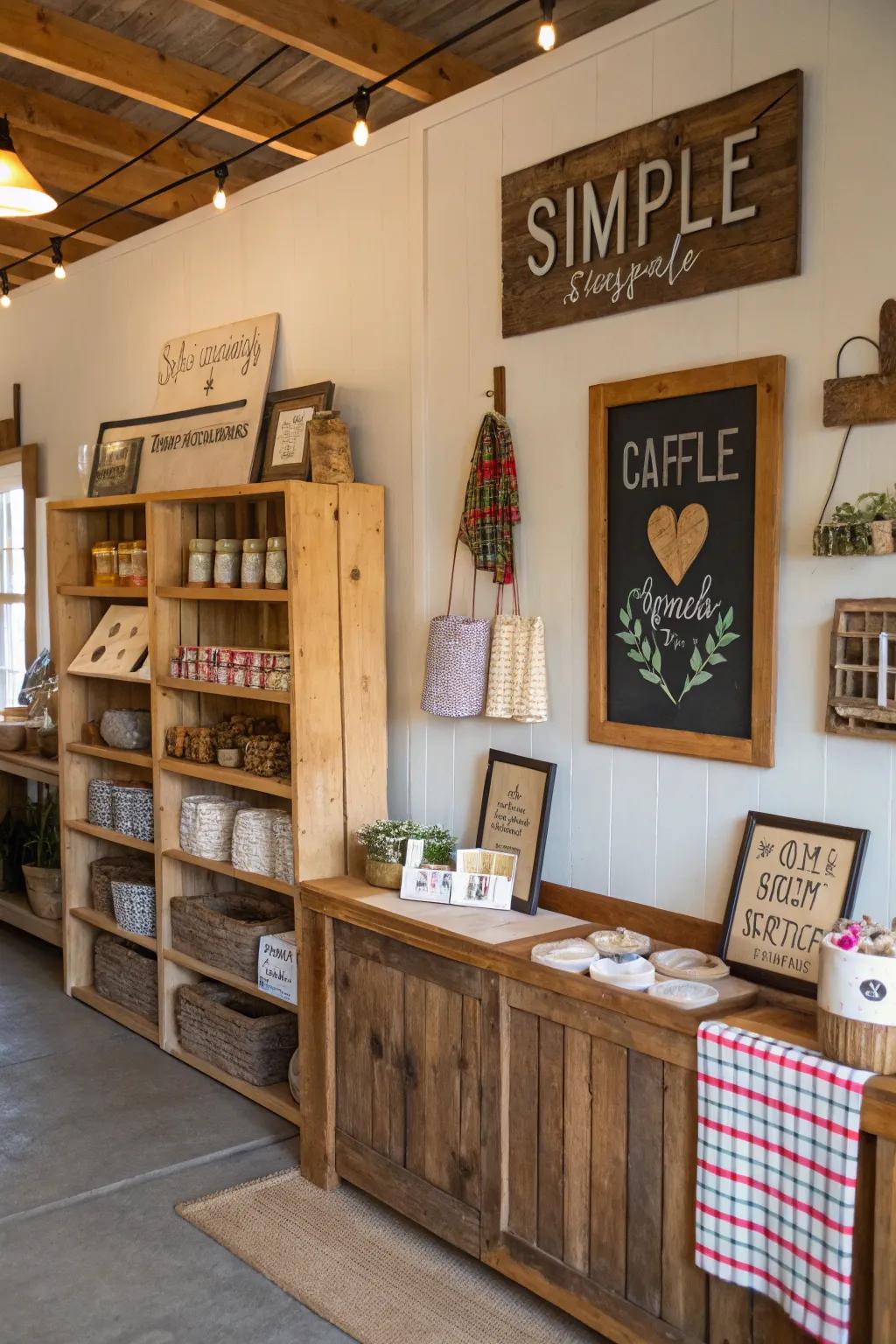 Simple branding complements the rustic theme of this boutique.