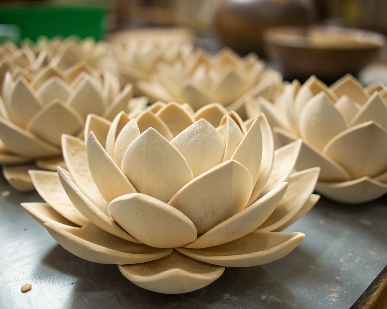 Crafting clay flowers requires a mix of artistry and precision in shaping.