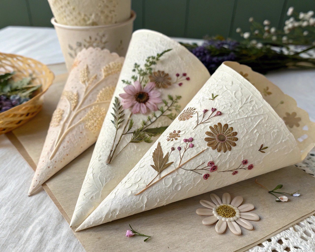 Creative embellishments, such as natural elements, add personal touches to paper cones.